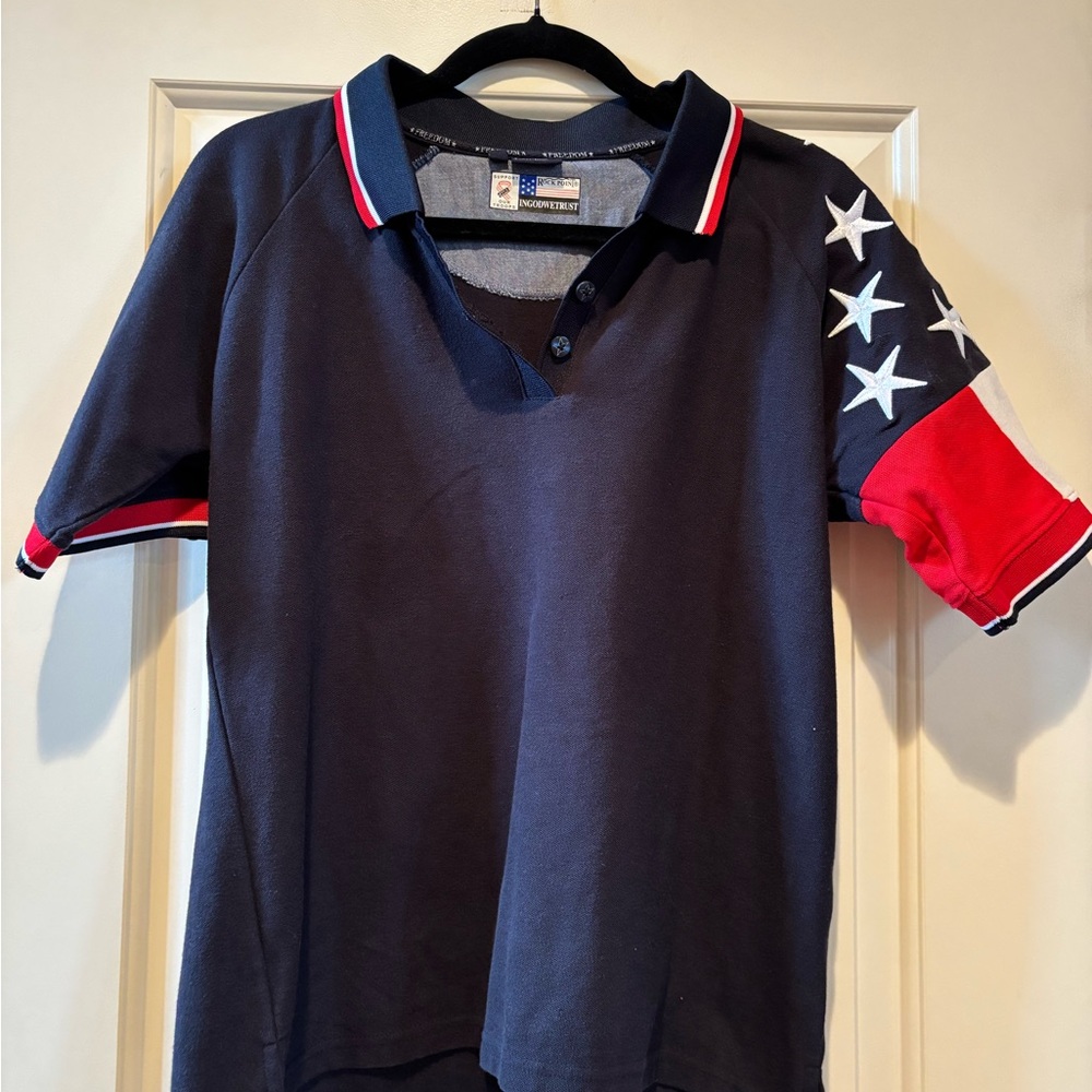 Patriotic Blue and Red Polo Shirt with Star Accents